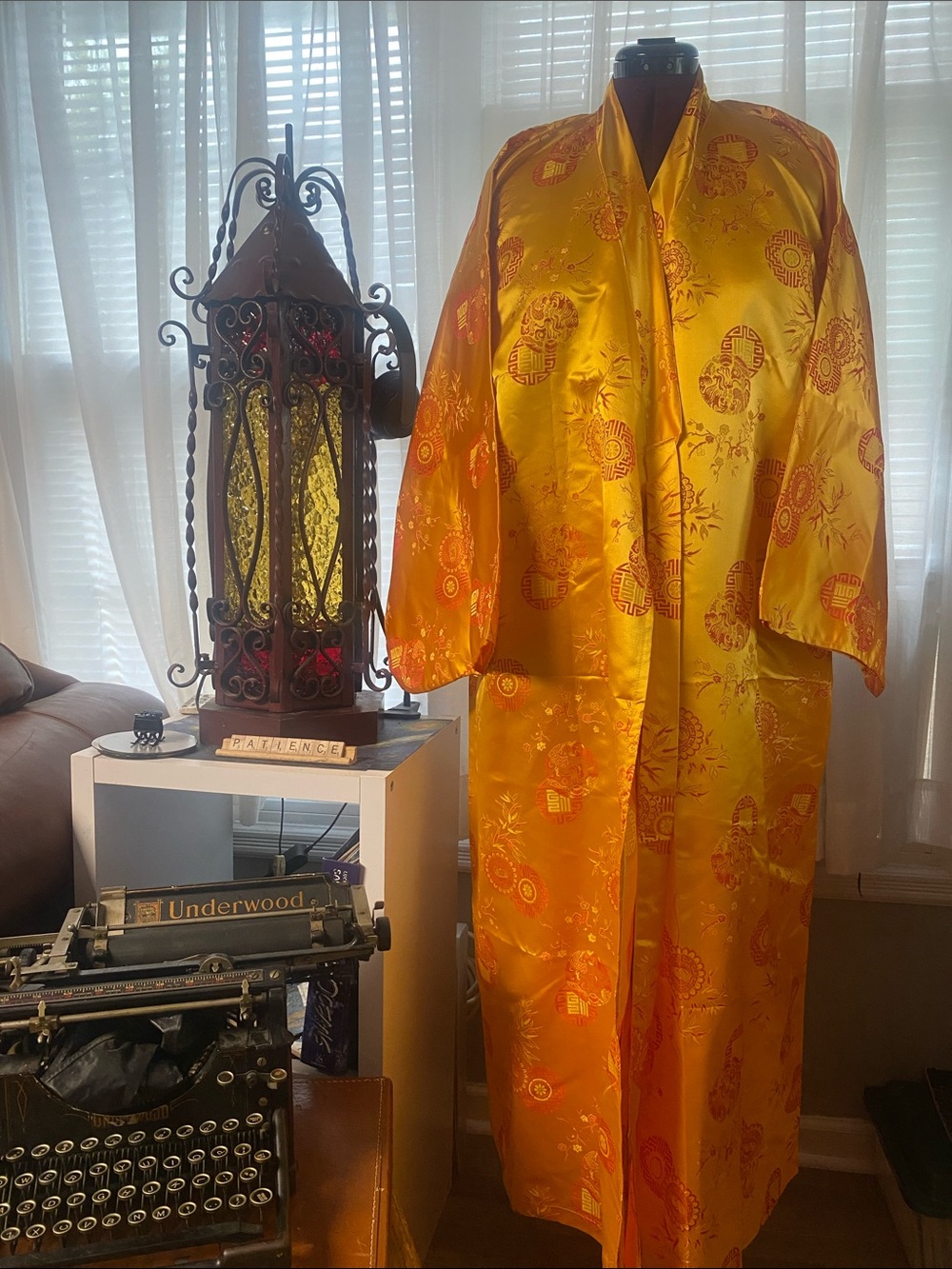 Golden Satin Kimono Robe with Red Oriental Motifs